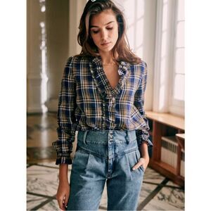 Sezane Vera Shirt Long Sleeve Ruffle Button Down Top Sicilian Blue Tiles 36 (S)